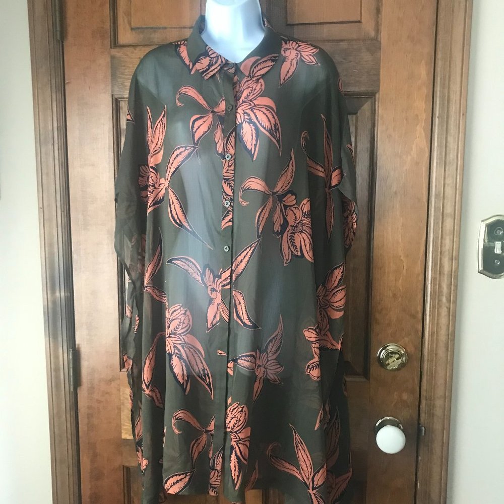 Olive w/Scattered Peach Flowers Button-Down Tunic Blouse 1X